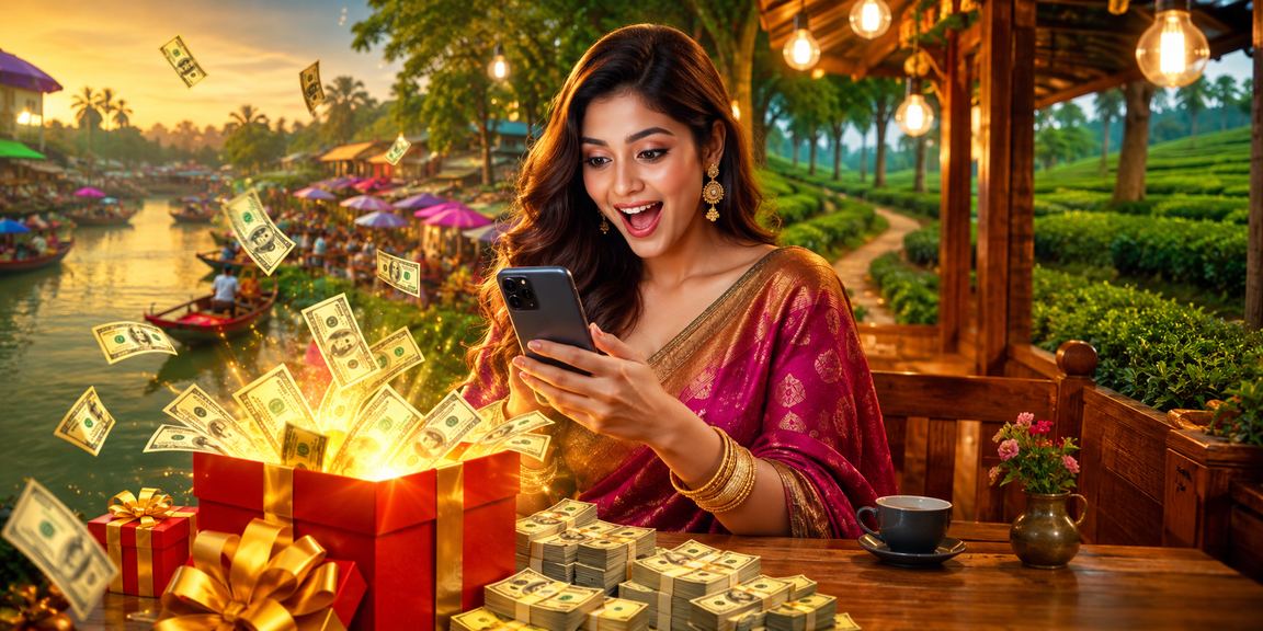 A user playing casino games on a mobile phone at a tea garden in Barishal