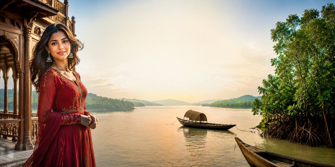 A model playing a toss prediction game against a Sundarbans backdrop